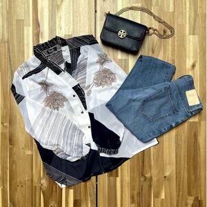 Vintage Retro Chiffon Floral Print Ruffled Collar Button Boho Blouse Size Small